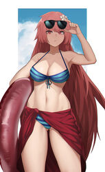  absurdres bad_id bad_pixiv_id bikini breasts cero_(last2stage) cleavage commentary_request dated_commentary eyewear_on_head female flower front-tie_bikini_top front-tie_top girls&#039;_frontline hair_between_eyes hair_flower hair_ornament highres holding inflatable_toy korean_commentary long_hair looking_at_viewer navel ntw-20_(girls&#039;_frontline) ntw-20_(op._blazing_sun)_(girls&#039;_frontline) official_alternate_costume pink_eyes pink_hair sarong solo standing striped_bikini striped_clothes sunglasses swimsuit very_long_hair 