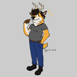  1:1 3_fingers anthro antlers belt black_eyes black_nose blue_bottomwear blue_clothing blue_jeans blue_pants bottomwear brown_belt brown_body brown_fur cervine clothing deer denim denim_bottomwear denim_clothing fingers freddiethedeer fully_closed fur grey_background hand_in_pocket hooved_fingers hooves horn jeans liid_4rck looking_away looking_up male mammal orange_body orange_fur overweight overweight_anthro overweight_male pants pink_inner_ear pockets simple_background smile solo sparkles standing tan_antlers white_body white_fur 