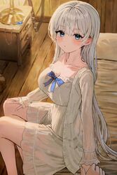  blue_eyes blush breasts cleavage collarbone dress female grey_hair highres large_breasts long_hair long_sleeves looking_at_viewer open_clothes open_shirt original shirt sitting solo_focus sonchi white_dress white_shirt 