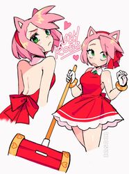  amy_rose animal_ears backless_dress backless_outfit bare_shoulders blush bracelet breasts character_name ciosuii closed_mouth dress female gloves green_eyes hairband hammer heart highres holding holding_hammer humanization jewelry looking_at_viewer looking_back multiple_views open_mouth pink_hair red_dress red_hairband short_hair sonic_(series) white_gloves 