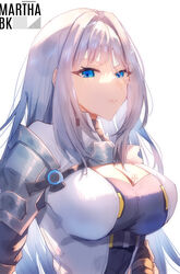  absurdres black_shirt blue_eyes breasts cleavage closed_mouth commentary_request ethel_(xenoblade) female grey_hair hair_intakes highres jacket large_breasts long_hair looking_at_viewer marthabucks medium_breasts shirt simple_background solo upper_body white_background white_jacket xenoblade_chronicles_(series) xenoblade_chronicles_3 