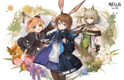  3girls :d amiya_(arknights) animal_ear_fluff animal_ears arknights arm_up bare_shoulders black_bow black_capelet black_collar black_headwear black_jacket black_necktie black_skirt blonde_hair blue_eyes blue_flower blue_jacket blue_neckwear blue_rose blue_skirt blush bow bow_(music) brown_hair brown_legwear bug butterfly capelet cat_ears choker ciloranko collar commentary copyright_name dress english_commentary flower green_dress green_eyes grey_hair hair_between_eyes hand_in_pocket hat highres holding holding_bow_(music) holding_instrument holding_violin instrument jacket kal&#039;tsit_(arknights) long_hair long_sleeves looking_at_viewer mini_hat miniskirt mousse_(arknights) multiple_girls music necktie oerba_yun_fang off-shoulder_dress off_shoulder open_clothes open_jacket open_mouth orange_flower orange_rose pantyhose pink_flower pink_rose playing_instrument pleated_skirt purple_flower purple_rose rabbit_ears red_flower red_rose rose shirt short_hair skirt smile thigh_strap v violin white_background white_flower white_jacket white_rose white_shirt yellow_flower yellow_rose 