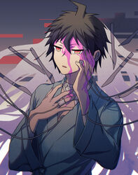  1boy ahoge alternate_costume bandaged_neck bandages blood brown_eyes brown_hair cable commentary danganronpa_(series) danganronpa_3_(anime) hair_between_eyes hand_on_own_cheek hand_on_own_face hands_on_own_face highres hinata_hajime hospital_gown kamukura_izuru long_sleeves male_focus messy_hair open_mouth pink_blood short_hair solo spoilers upper_body ziling 