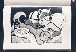  2021 anthro bed bedding beverage black_background blanket border bottle bowl chips_(food) container crossed_arms cuddling duo felix_(nik159) food furniture greyscale hi_res holding_object interspecies lying male mammal marker_(artwork) monochrome mustelid nik_(nik159) nikraccoom on_back on_bed on_front otter pen_(artwork) photography_(artwork) pillow procyonid raccoon romantic romantic_couple simple_background sketchbook smile soda text traditional_media_(artwork) tv_remote under_covers watching_tv white_border 