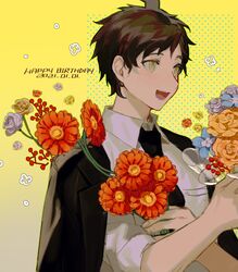  1boy :d bad_id bad_twitter_id black_jacket black_necktie blue_flower blush bouquet brown_eyes brown_hair carce_0 collared_shirt commentary_request danganronpa_(series) danganronpa_3_(anime) dated floral_print flower gradient_background happy_birthday highres hinata_hajime holding holding_flower jacket jacket_on_shoulders male_focus necktie official_alternate_costume open_mouth orange_flower polka_dot polka_dot_background red_flower shirt short_hair smile solo upper_body white_shirt yellow_background 