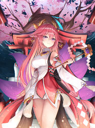  absurdres animal_ears bare_legs bare_shoulders breasts bright_pupils cherry_blossoms commentary cowboy_shot detached_sleeves earrings female floppy_ears fox_ears genshin_impact gold gr_greeze grin hair_between_eyes hakama highres japanese_clothes jewelry large_breasts long_hair looking_at_viewer low-tied_long_hair night nontraditional_miko outdoors pink_hair purple_eyes red_skirt shirt sideboob skirt sleeveless sleeveless_shirt smile solo thighs turtleneck very_long_hair white_shirt white_sleeves wide_sleeves yae_miko 