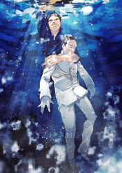  2boys air_bubble arm_up black_hair bubble buzz_cut closed_eyes copyright_name dated gloves highres kadomatsu_yousuke kusaka_takumi male_focus marodoto military military_uniform multiple_boys outdoors short_hair sunlight swimming underwater uniform very_short_hair white_gloves zipang_(kawaguchi_kaiji) 