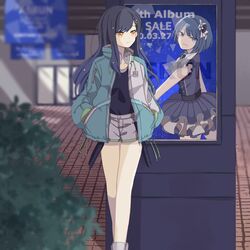  2girls against_wall bangs_pinned_back bare_legs black_hair black_shirt blue_hair blue_jacket blurry closed_mouth collared_jacket commentary_request depth_of_field dot_nose feet_out_of_frame gradient_hair grey_shorts hair_ornament hairclip hands_in_pockets headphones headphones_around_neck highres idol idol_clothes jacket kiritani_haruka legs_together light_rays long_hair multicolored_clothes multicolored_hair multicolored_jacket multiple_girls open_clothes open_jacket orange_eyes outdoors plant project_sekai shiraishi_an shirt shirt_tucked_in short_shorts shorts sign smile straight_hair swept_bangs thighs tile_floor tiles two-tone_jacket watanuki_(enu) white_jacket 