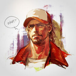  1boy baseball_cap beard blonde_hair blue_eyes curly_hair facial_hair fatal_fury hat hiroaki_(kof) jacket long_hair looking_at_viewer male_focus mature_male moustache official_art open_mouth portrait promotional_art red_jacket shirt simple_background solo speech_bubble terry_bogard the_king_of_fighters white_shirt 