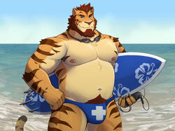  2023 after_class anthro beach belly blue_clothing blue_eyes blue_sky blue_speedo blue_swimwear bottle brown_hair clothed clothing container eyewear facial_hair felid fur goggles hair hand_on_hip hi_res holding_bottle holding_container holding_object holding_surfboard lars_(after_class) looking_at_viewer lotion_bottle male mammal musclegut muscular muscular_thighs navel nipples orange_body orange_fur pantherine pecs plus_sign pubes sea seaside sky solo speedo speedo_only standing striped_body striped_fur stripes surfboard swimwear tiger topless water zcdartz 