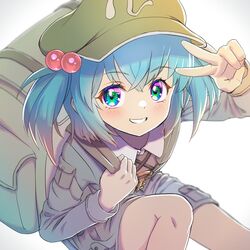  backpack bag blue_hair blush commentary feet_out_of_frame female from_above green_hat grin hair_bobbles hair_ornament hat highres kawashiro_nitori long_sleeves looking_at_viewer shiroi_karasu shirt short_hair sitting smile solo touhou two_side_up v 