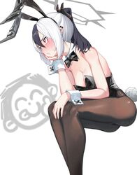  animal_ears black_bow black_bowtie black_hair black_leotard black_pantyhose blue_archive bow bowtie breasts cleavage detached_collar eason870408 fake_animal_ears feet_out_of_frame female halo hand_on_own_face highres invisible_chair kayoko_(blue_archive) leotard long_hair multicolored_hair pantyhose playboy_bunny ponytail rabbit_ears rabbit_tail red_eyes sensei_(blue_archive) simple_background sitting small_breasts solo strapless strapless_leotard tail two-tone_hair white_background white_hair wrist_cuffs 