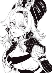  :d absurdres breasts cleavage female gears gloves greyscale hair_between_eyes hair_intakes hairband hand_up hat highres honkai_(series) honkai_impact_3rd large_breasts looking_at_viewer monochrome puffy_short_sleeves puffy_sleeves short_sleeves simple_background smile solo top_hat upper_body vill-v vx7bj white_background 