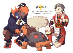  2boys bad_id bad_pixiv_id batabiru black_eyes black_hair black_hoodie collared_shirt dark-skinned_male dark_skin dynamax_band earrings gloves headpat hood hoodie index_finger_raised jewelry kabu_(pokemon) knees male_focus multicolored_hair multiple_boys open_mouth partially_fingerless_gloves pokemon pokemon_(creature) pokemon_swsh raihan_(pokemon) red_legwear shirt shoes short_sleeves shorts side_slit side_slit_shorts single_glove smoke socks squatting teeth torkoal towel towel_around_neck translation_request two-tone_hair 