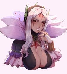  absurdres aversa_(fire_emblem) aversa_(resplendent)_(fire_emblem) black_nails breasts bridal_gauntlets cleavage dark-skinned_female dark_skin evomanaphy facial_mark female fingernails fire_emblem fire_emblem_awakening fire_emblem_heroes flower_dress frilled_bridal_gauntlets heart highres jewelry large_breasts lipstick long_hair looking_at_viewer makeup nail_polish necklace official_alternate_costume parted_lips red_eyes sharp_fingernails smile solo underwear white_hair white_lips wrist_cuffs 