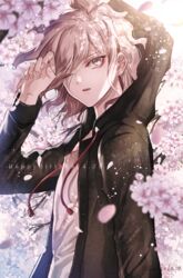  1boy artist_name brown_jacket cherry_blossoms commentary danganronpa_(series) danganronpa_2:_goodbye_despair dated from_side grey_eyes happy_birthday hood hooded_jacket jacket komaeda_nagito long_sleeves looking_at_viewer male_focus medium_hair messy_hair one_eye_closed open_mouth shirt white_hair white_shirt z-epto_(chat-noir86) 