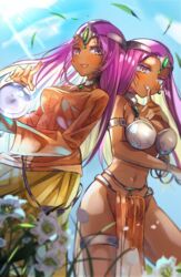  2girls absurdres armlet blue_sky blush bracelet breasts chil0107 circlet cleavage contrast crystal_ball dancer&#039;s_costume_(dq) dark-skinned_female dark_skin day dragon_quest dragon_quest_iv dress earrings finger_to_mouth flower forehead_jewel gem grass green_gemstone highres holding jewelry large_breasts loincloth long_hair manya_(dq4) minea_(dq4) multiple_girls open_mouth outdoors pelvic_curtain purple_eyes purple_hair siblings sisters sky smile 