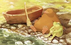  2others boat commentary frog from_side frown grass hachiya_shohei highres mole_(animal) multiple_others nature on_floor original outdoors paddle personification pond rock shadow water watercraft 