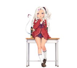  archerfish_(azur_lane) archerfish_(the_devil_next_door)_(azur_lane) azur_lane blonde_hair brown_footwear desk fake_tail female finger_to_mouth hair_ornament hair_scrunchie highres kani_biimu long_hair looking_at_viewer official_alternate_costume official_art one_side_up open_mouth parted_bangs pleated_skirt purple_eyes school_uniform scrunchie skirt socks star_(symbol) star_hair_ornament tail transparent_background white_socks 