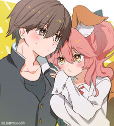  1boy animal_ear_fluff animal_ears artist_name black_shirt blush breasts brown_eyes brown_hair collarbone commentary_request couple fate/extella fate/extra fate/extra_ccc fate_(series) female fox_ears fox_girl fox_tail hair_between_eyes hand_on_another&#039;s_shoulder kishinami_hakuno_(male) large_breasts long_hair long_sleeves looking_at_another osakana_(rrg0123) pink_hair shirt straight sweatdrop tail tamamo_(fate) tamamo_no_mae_(fate/extra) tamamo_no_mae_(jk)_(fate) tsukumihara_academy_uniform_(fate/extra_ccc) twitter_username upper_body white_shirt yellow_eyes 