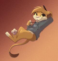  2020 3_toes absurd_res anthro barefoot blep bottomless brown_background brown_body brown_eyes brown_fur claws clothed clothing feet felid fur gradient_background head_tuft hi_res hoodie lion mammal pantherine pawpads paws pink_pawpads ribbontini signature simple_background soles solo toe_claws toes tongue tongue_out topwear tuft 