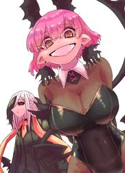  +_+ 1boy bat_wings black_sclera black_shirt black_vest black_wings bodystocking breasts cleavage colored_sclera female highres large_breasts leotard long_hair looking_at_viewer lotus_(yakunitatsu_node_chi_o_kudasai) multicolored_hair necktie pink_eyes pink_hair playboy_bunny pointy_ears pointy_nose raspberry_(yakunitatsu_node_chi_o_kudasai) red_eyes red_necktie red_sash sash shirt short_hair smile streaked_hair vampire vest white_background white_hair wings yakunitatsu_node_chi_o_kudasai zyugoya 