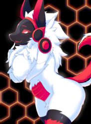  absurd_res anthro ass black_body black_fur blush body_hair chest_hair conditional_dnp female fluffy fur hexagon hi_res looking_at_viewer machine noisy_(redace83) protogen red_body red_fur robot robot_anthro ruvark simple_background smile solo thick_thighs white_body white_fur 