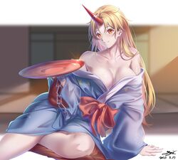  blonde_hair breasts female highres horns hoshiguma_yuugi hoshiguma_yuugi_(kimono) japanese_clothes kimono large_breasts looking_at_viewer no_bra oni oni_horns red_eyes single_horn sitting smile solo touhou yujin_(kanouyuuto-0423) 