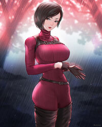  ada_wong black_gloves black_hair bob_cut bodysuit boots breasts brown_eyes female gloves highres large_breasts lips looking_at_viewer mcdobo rain red_bodysuit resident_evil ribbed_bodysuit short_hair solo thigh_boots 