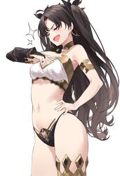  :d absurdres ahoge bare_shoulders bikini black_bikini black_hair breasts closed_eyes cowboy_shot earrings fate/grand_order fate_(series) female hair_ribbon hand_on_hip hand_on_own_chest highleg highleg_bikini highres hoop_earrings ishtar_(fate)_(all) ishtar_(fate/grand_order) jewelry long_hair medium_breasts mismatched_bikini navel open_mouth ribbon simple_background single_thighhigh smile solo sparkle standing star741 stomach swimsuit thighhighs thighs two_side_up white_background white_bikini 