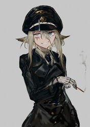  animal_ears black_coat black_hat black_necktie blonde_hair blue_eyes cigarette coat commentary_request female grey_background grin hair_between_eyes hat heterochromia highres holding holding_cigarette kureta_(nikogori) long_sleeves necktie original parted_lips partial_commentary peaked_cap prosthesis prosthetic_arm scar short_hair_with_long_locks simple_background smile smoke smoking solo teeth upper_body 