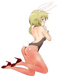  afunai animal_ears ass backless_leotard breasts bunny_day commentary_request fake_animal_ears fake_tail female from_behind full_body green_eyes green_hair high_heels ichii_yui leotard low_twintails pantyhose playboy_bunny rabbit_ears rabbit_tail small_breasts solo tail thong_leotard twintails wrist_cuffs yuyushiki 