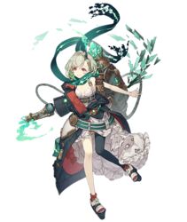  backpack bag breasts female flamethrower frills full_body green_hair horns jacket ji_no little_match_girl_(sinoalice) looking_at_viewer off_shoulder official_art platform_footwear red_eyes scarf short_hair single_horn single_leg_pantyhose sinoalice small_breasts smile solo transparent_background weapon 