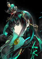  aqua_hair black_background black_eyes black_hair chinese_commentary female hair_ornament hair_ribbon highres multicolored_hair punishing:_gray_raven qu_(punishing:_gray_raven) ribbon solo two-tone_hair upper_body windworker 