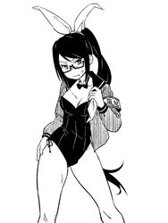  afunai animal_ears armband borrowed_character breasts commentary_request contrapposto fake_animal_ears female glasses greyscale hairband hand_on_own_hip legs_apart leotard long_hair mole mole_under_eye monochrome open_clothes open_shirt original playboy_bunny ponytail rabbit_ears sailor_collar sailor_shirt semi-rimless_eyewear shirt small_breasts solo standing strapless strapless_leotard sweatdrop under-rim_eyewear very_long_hair 