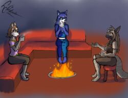  2020 anthro beverage bloodline bloodline_(webcomic) blue_body blue_fur brown_hair candy canid canine canis chocolate clothed clothing container cup dekaisen dessert ember_(bloodline) female fire food fox fur green_eyes grey_body group hair hi_res holding_object hot_chocolate hyena mammal sil_(bloodline) sitting smile striped_hyena vivian_(bloodline) wolf 