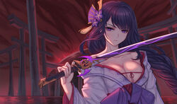  bare_shoulders black_hair braid breasts cleavage closed_mouth collarbone commentary_request female flower genshin_impact hair_flower hair_ornament highres holding holding_sword holding_weapon japanese_clothes kimono kimono_pull large_breasts long_hair long_sleeves looking_at_viewer mole mole_under_eye multiple_torii nairobi_song off_shoulder purple_eyes purple_flower purple_kimono raiden_shogun red_background serious single_braid solo sword torii v-shaped_eyebrows very_long_hair weapon wide_sleeves 