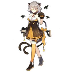  animal_ears animal_hands arm_up bare_shoulders bespectacled black_dress black_footwear black_tail boots breasts buckle cat_ears cat_paws cat_tail claws cleavage colored_shoe_soles cross crossed_ankles detached_collar dress earrings expressionless female full_body girls&#039;_frontline glasses gloves grey_hair gun halloween_costume jack-o&#039;-lantern jack-o&#039;-lantern_earrings jewelry kriss_vector layered_dress looking_at_viewer medium_breasts multiple_tails official_alternate_costume official_art orange_dress orange_ribbon orange_thighhighs paw_gloves ribbon sa_(h28085) see-through see-through_dress semi-rimless_eyewear short_hair simple_background single_thighhigh snap-fit_buckle solo submachine_gun tail thigh_strap thighhighs third-party_source transparent_background under-rim_eyewear vector_(girls&#039;_frontline) vector_(kitty_paws)_(girls&#039;_frontline) weapon weapon_behind_back yellow-framed_eyewear yellow_eyes 