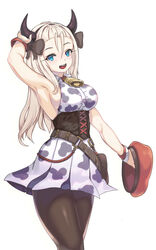  aged_up animal_print bell belt beret blonde_hair blue_eyes breasts corset cow_horns cow_print cowbell dress female girls&#039;_frontline hairband hat highres holding holding_clothes holding_hat horns jamgom long_hair mp5_(girls&#039;_frontline) open_mouth pantyhose sideboob solo unworn_hat unworn_headwear wristband 