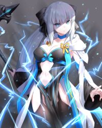  absurdres black_bow black_dress black_footwear blue_eyes boots bow braid breasts center_opening cleavage dress fate/grand_order fate_(series) female grey_hair hairbow half_up_braid highres large_breasts lightning long_hair long_sleeves looking_at_viewer m.tokotsu morgan_le_fay_(fate) pelvic_curtain polearm ponytail sidelocks solo spear thigh_boots thighhighs thighs two-tone_dress very_long_hair weapon white_dress wide_sleeves 