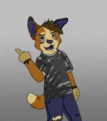  2012 aliasing anthro blue_(sebdoggo) blue_bottomwear blue_clothing blue_eyes blue_inner_ear blue_jeans blue_nose blue_pants blue_tongue bottomwear brown_body brown_fur canid canine canis clothing denim denim_bottomwear denim_clothing digital_drawing_(artwork) digital_media_(artwork) domestic_dog eyebrows female female_anthro flat_colors flipping_viewer_off fur gesture grey_background grey_clothing grey_sclera grey_shirt grey_topwear hand_gesture head_tuft herding_dog humanoid_hands jeans looking_at_viewer low_res mammal microsoft_paint_(artwork) middle_finger mixed_breed open_mouth pants pastoral_dog portrait sebdoggo shirt simple_background solo standing tail tan_body tan_fur teeth three-quarter_portrait tongue topwear trans_(lore) trans_man_(lore) tuft welsh_corgi 