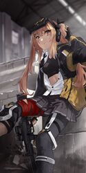  against_wall arm_up armband black_gloves black_pants black_skirt black_sports_bra blurry blurry_background breasts brown_hair feet_out_of_frame female fingerless_gloves girls&#039;_frontline gloves grin gun h&amp;k_ump had_(had314) head-mounted_display highres holding holding_gun holding_weapon jacket knee_pads long_hair looking_at_viewer miniskirt open_clothes open_jacket pants partially_unbuttoned pink_eyes scar scar_across_eye shirt single_knee_pad skirt small_breasts smile solo sports_bra submachine_gun twintails ump9_(girls&#039;_frontline) ump9_(mod3)_(girls&#039;_frontline) weapon white_shirt yellow_armband 