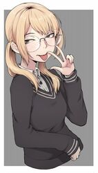  act-age blonde_hair brown_eyes collared_shirt female freckles glasses grey_background highres ina_(gokihoihoi) long_sleeves looking_at_viewer low_twintails medium_hair piercing sanzaka_nanao shirt short_twintails simple_background solo tongue tongue_out tongue_piercing twintails upper_body v white_shirt 