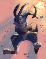  absurd_res action_pose anthro biped dreamworks e._aster_bunnymund featureless_crotch fur hi_res holding_object holding_weapon lagomorph leporid light lighting male mammal mostly_nude pose rabbit ribbontini rise_of_the_guardians signature simple_background solo weapon 