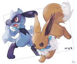  absurdres animal_hands blue_neckwear brown_eyes closed_mouth commentary eevee full_body furry hideko_(l33l3b) highres oerba_yun_fang open_mouth pokemon pokemon_(creature) pokemon_mystery_dungeon red_eyes riolu simple_background standing white_background 