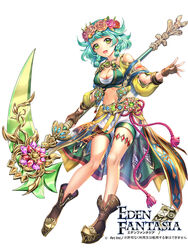  blue_hair braid breasts brown_footwear cleavage copyright_name crop_top eden_fantasia esphy fantasy female full_body green_eyes head_wreath highres holding holding_scythe long_hair midriff official_art pamela_(eden_fantasia) scythe short_bangs shorts smile solo twin_braids watermark 