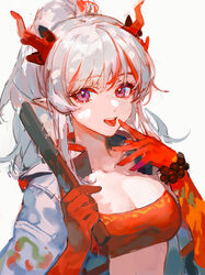  :d arknights bandeau bead_bracelet beads bracelet breasts chinese_commentary ciloranko commentary_request female grey_jacket hands_up holding horns jacket jewelry long_hair looking_at_viewer medium_breasts midriff multicolored_hair nian_(arknights) open_clothes open_jacket open_mouth photoshop_(medium) pointy_ears purple_eyes red_bandeau red_hair red_tube_top simple_background smile solo strapless streaked_hair tongue tongue_out tube_top upper_body white_background white_hair 