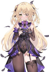  absurdres bare_shoulders bat_ornament bird black_feathers black_ribbon blonde_hair blush bodystocking bow bowtie breasts collar crow eyepatch falling_feathers feathers female fischl_(genshin_impact) fishnet_top fishnets garter_straps genshin_impact gloves green_eyes hair_over_one_eye hair_ribbon highres leotard long_hair looking_at_viewer medium_breasts oz_(genshin_impact) purple_bow purple_bowtie purple_ribbon ribbon simple_background single_leg_pantyhose single_sleeve single_thighhigh solo tailcoat thighhighs two_side_up yuia 