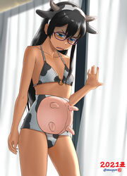  2021 alternate_costume animal_ears animal_print bad_id bad_twitter_id bikini black_hair blue_eyes breasts chinese_zodiac cow_ears cow_horns cow_print curtains disgust fake_horns female glasses hair_between_eyes horns inactive_account kantai_collection long_hair mu-pyon new_year ooyodo_(kancolle) open_mouth shaded_face small_breasts solo swimsuit twitter_username udder window year_of_the_ox 