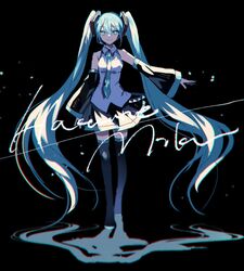  bad_id bad_pixiv_id black_background black_footwear black_skirt black_sleeves black_thighhighs blue_eyes blue_hair blue_necktie boots breasts character_name closed_mouth collared_shirt commentary danjou_sora detached_sleeves female full_body hair_between_eyes hair_ornament hatsune_miku highres long_hair long_sleeves necktie outstretched_arm pleated_skirt shadow shirt skirt sleeveless sleeveless_shirt small_breasts smile solo standing thigh_boots thighhighs twintails very_long_hair vocaloid white_shirt wide_sleeves 